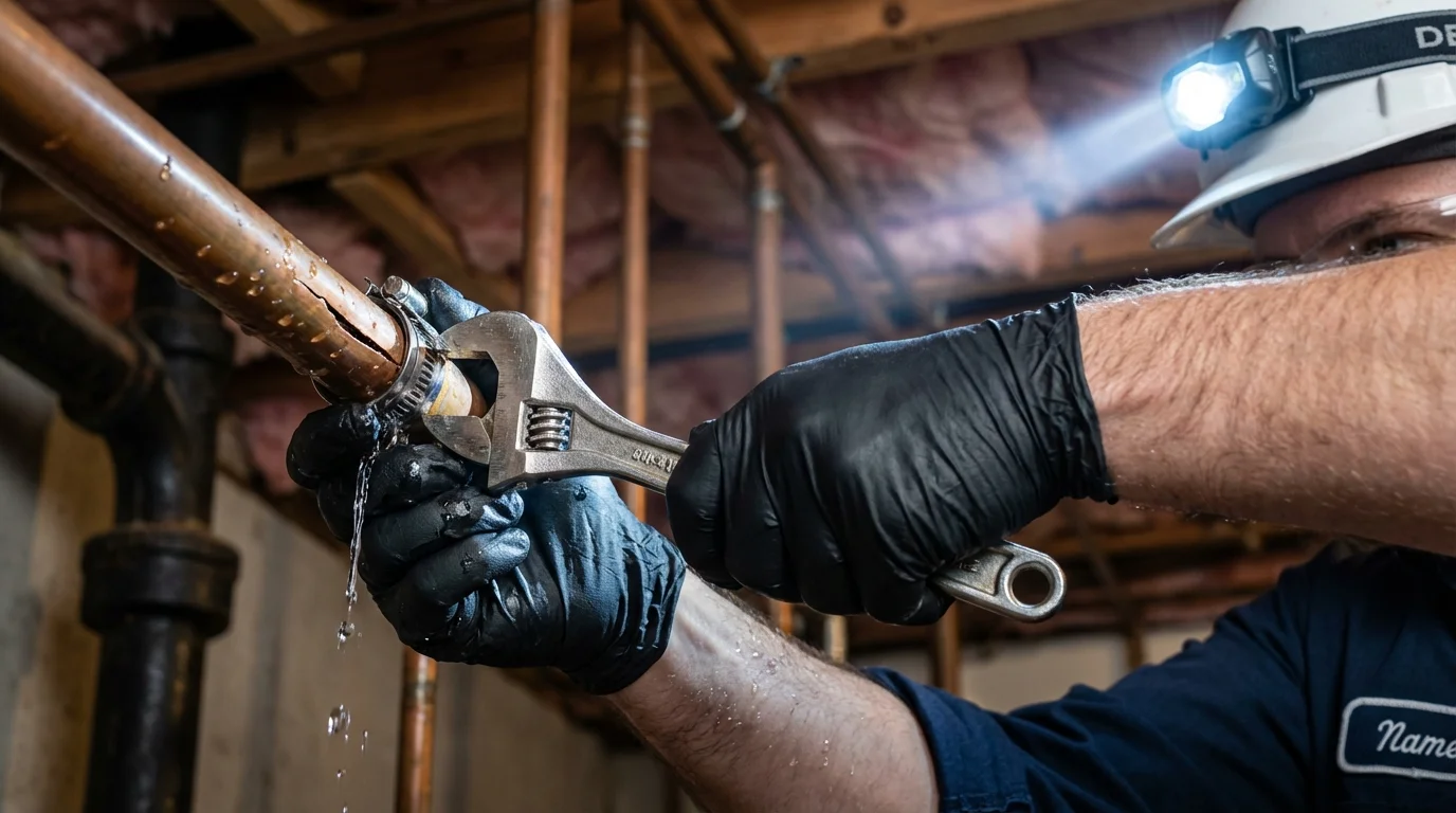Emergency pipe clamp repair being performed by a Johns Plumbing LLC plumber in Wellston